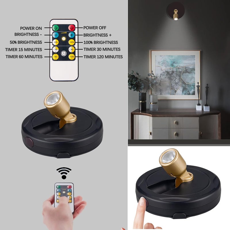 BERGUSTCH Battery Operated LED Spotlight, Picture Spot Lights, Indoor Uplighting, Puck Lights with Remote, Plants Tree Spotlight, Display Light for Paintings Dartboard Portrait-Gold - Image 3